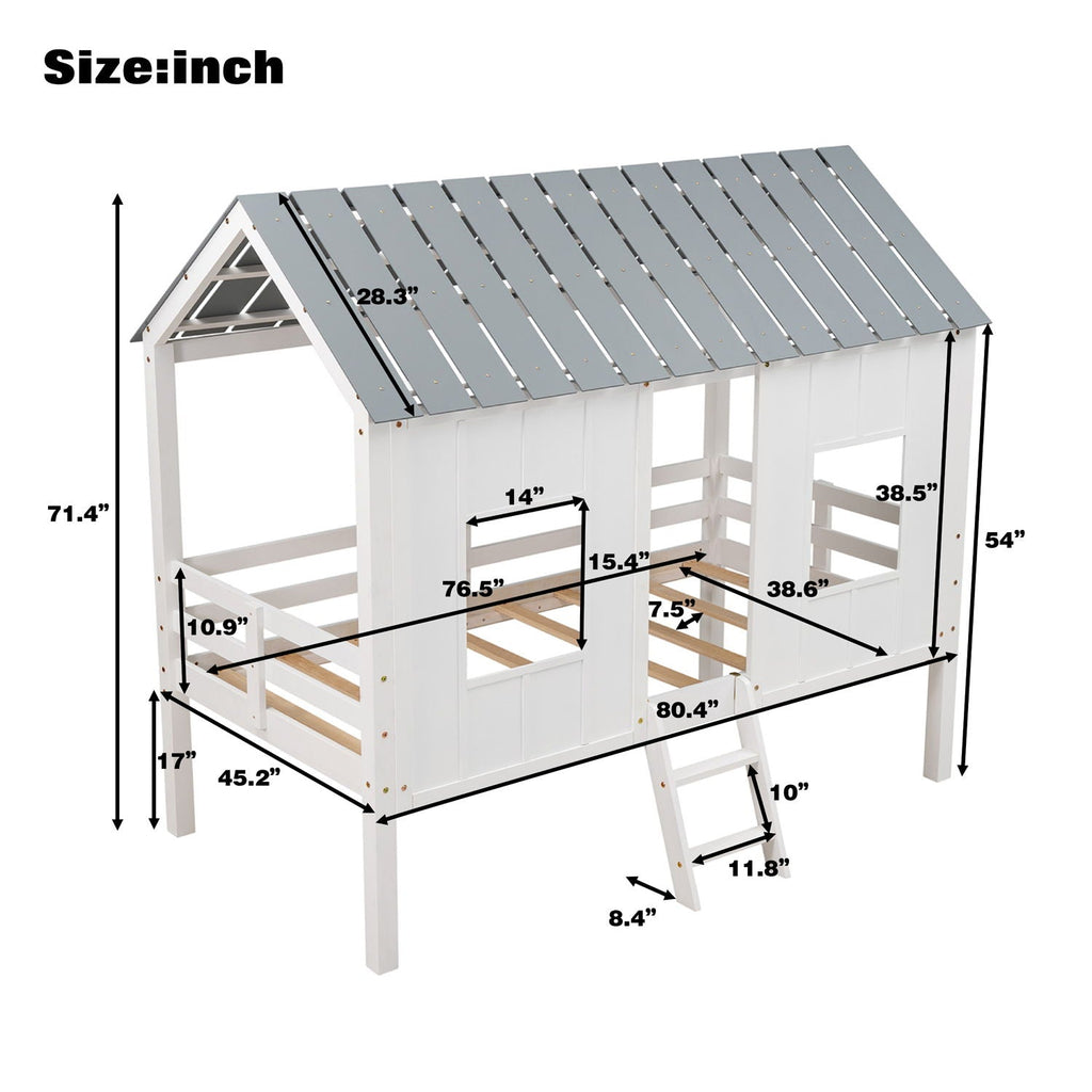 Twin Size Low Loft House Bed with Roof and 2 Front Windows - White