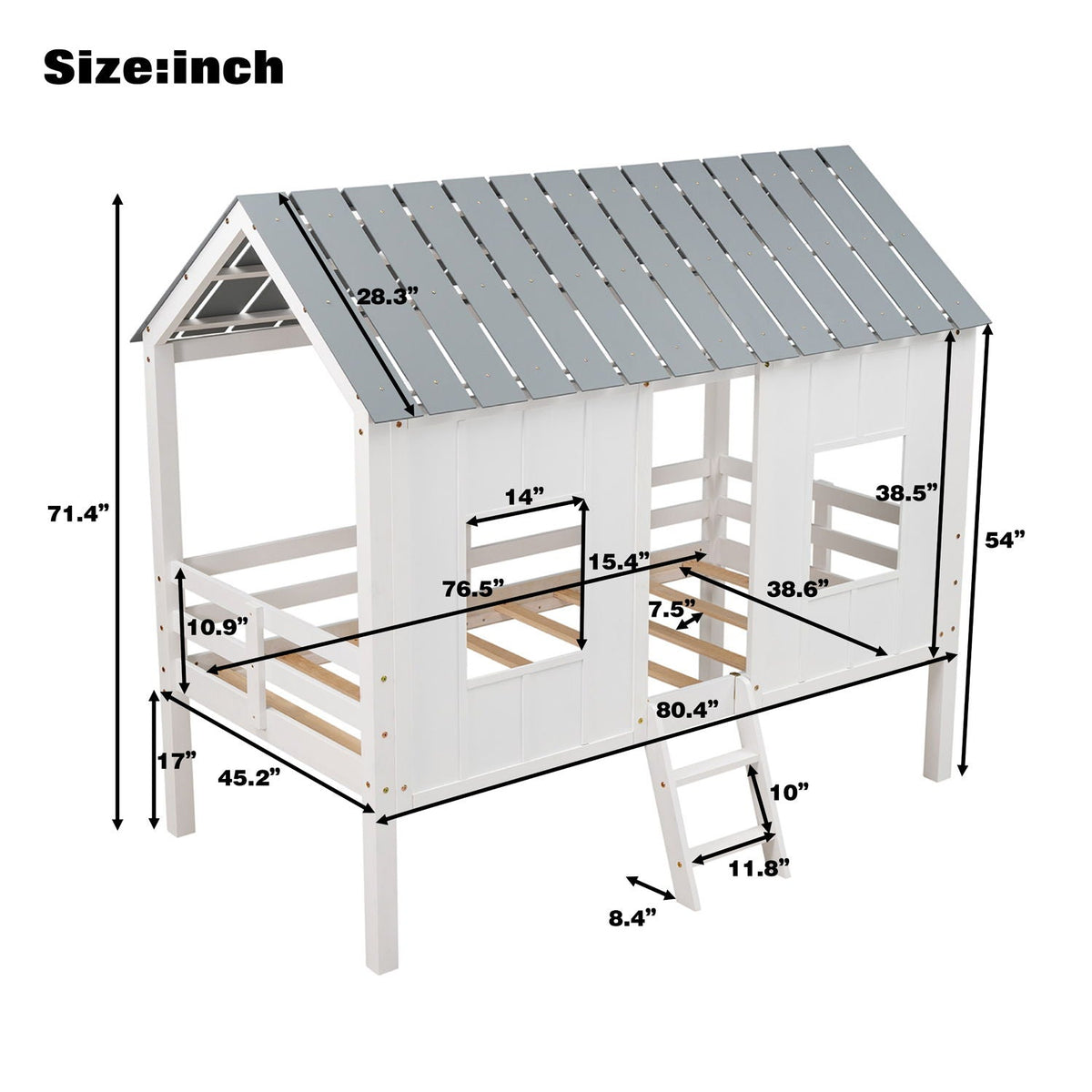 Twin Size Low Loft House Bed with Roof and 2 Front Windows - White