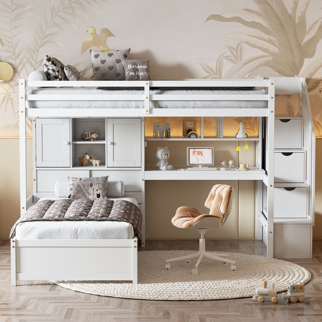 Twin Over Twin Loft Bed with Built-In Desk and Staircase - White or Light Brown