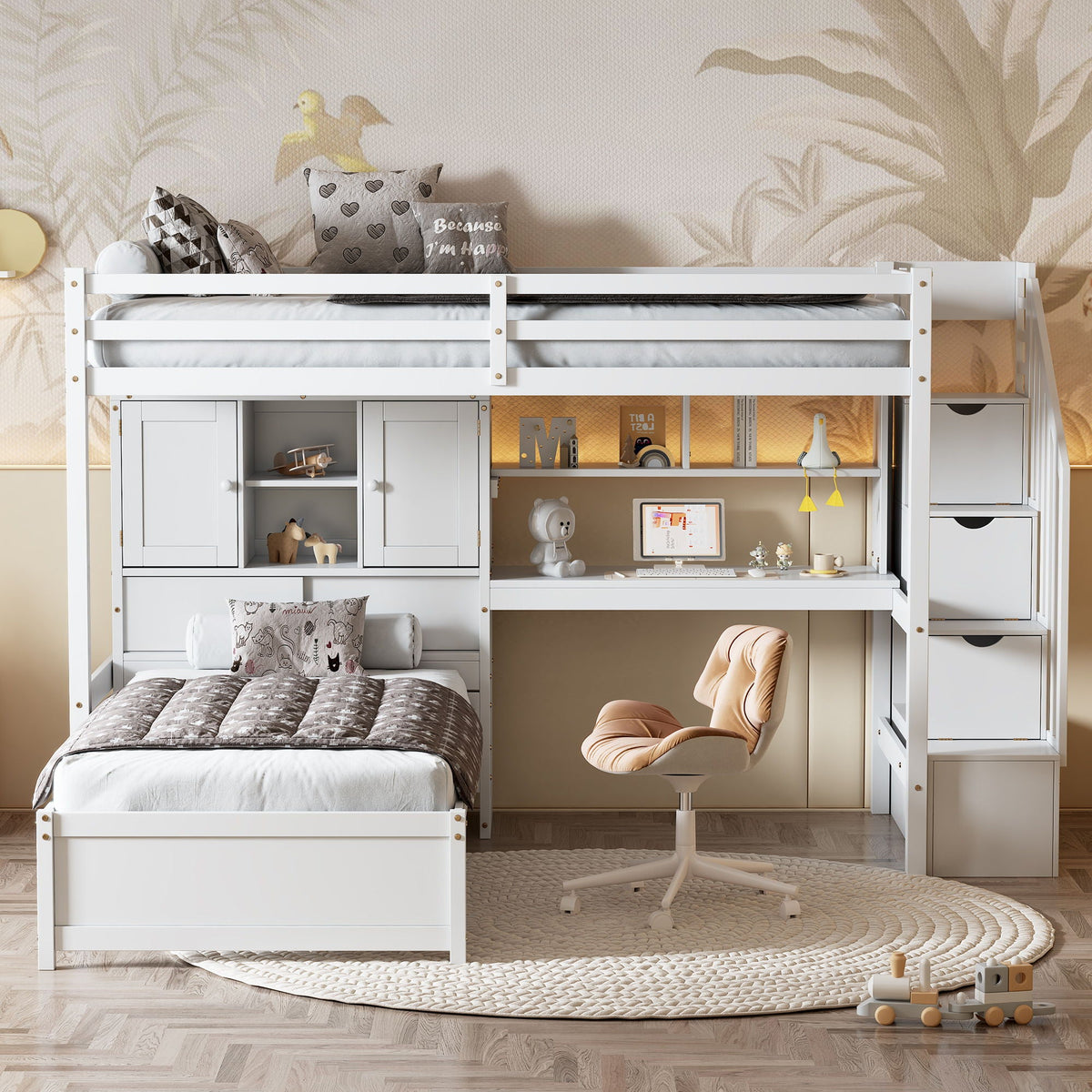 Twin Over Twin Loft Bed with Built-In Desk and Staircase - White or Light Brown