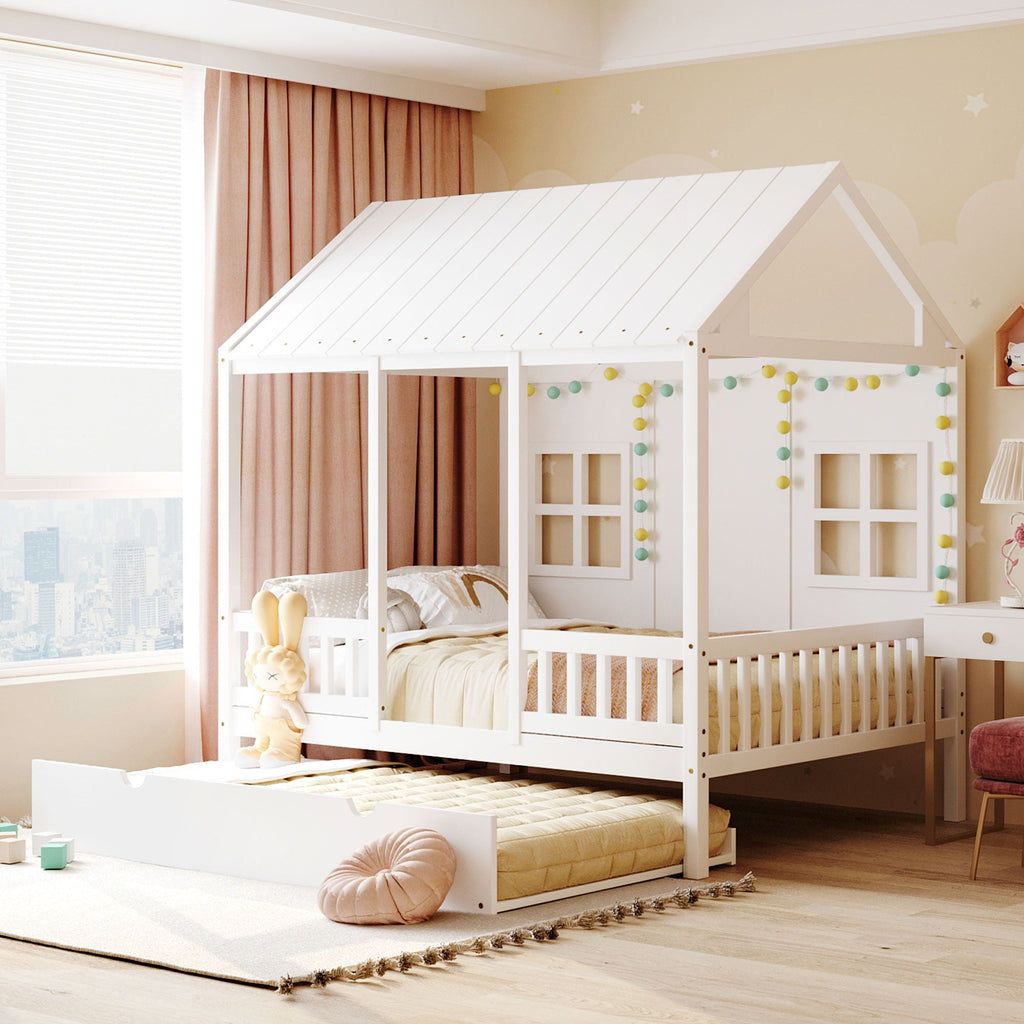 White House Bed with Trundle - Solid Pine, Full or Twin