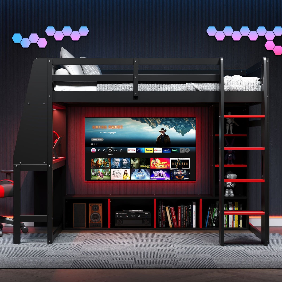 Gaming Loft Bed with Desk and Storage Shelves – LED Lighting – Black or Dark Gray