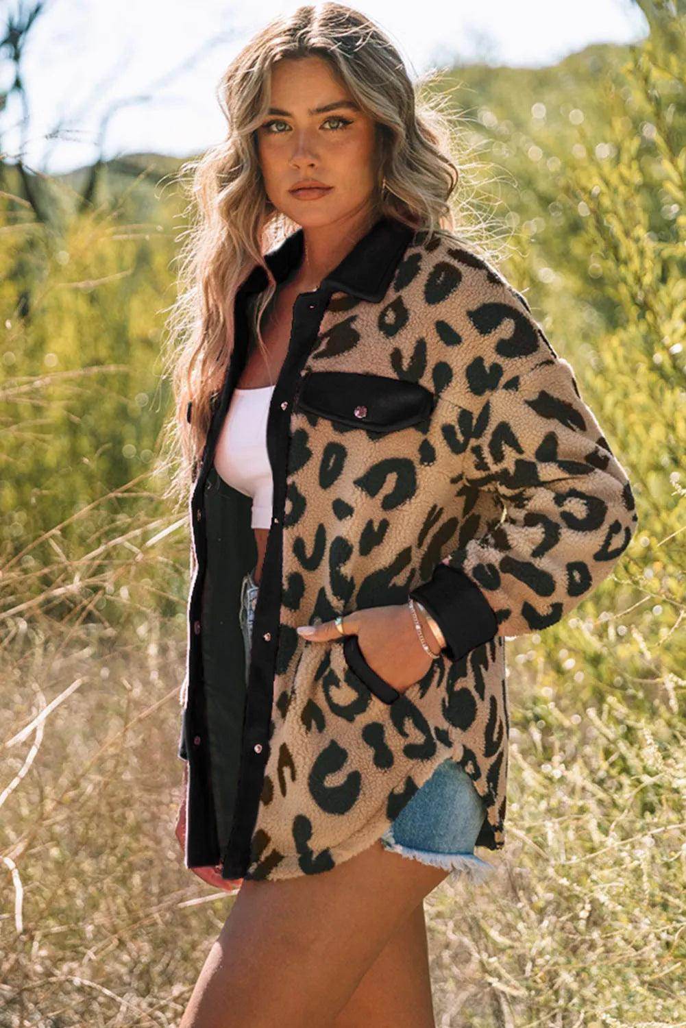 Leopard Button Up Long Sleeve Jacket for Stylish Comfort