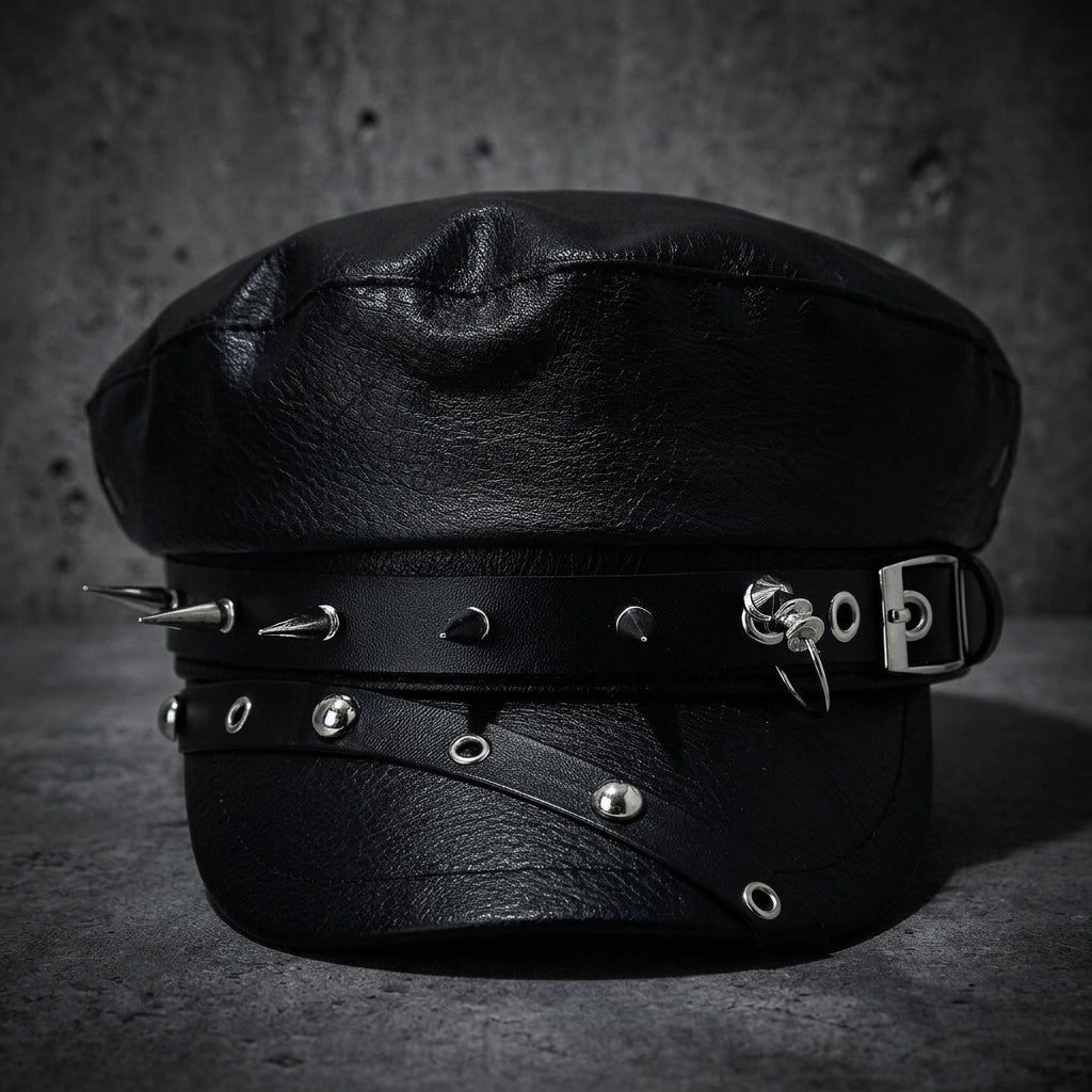 Skull-Rivet Faux-Leather Newsboy Cap