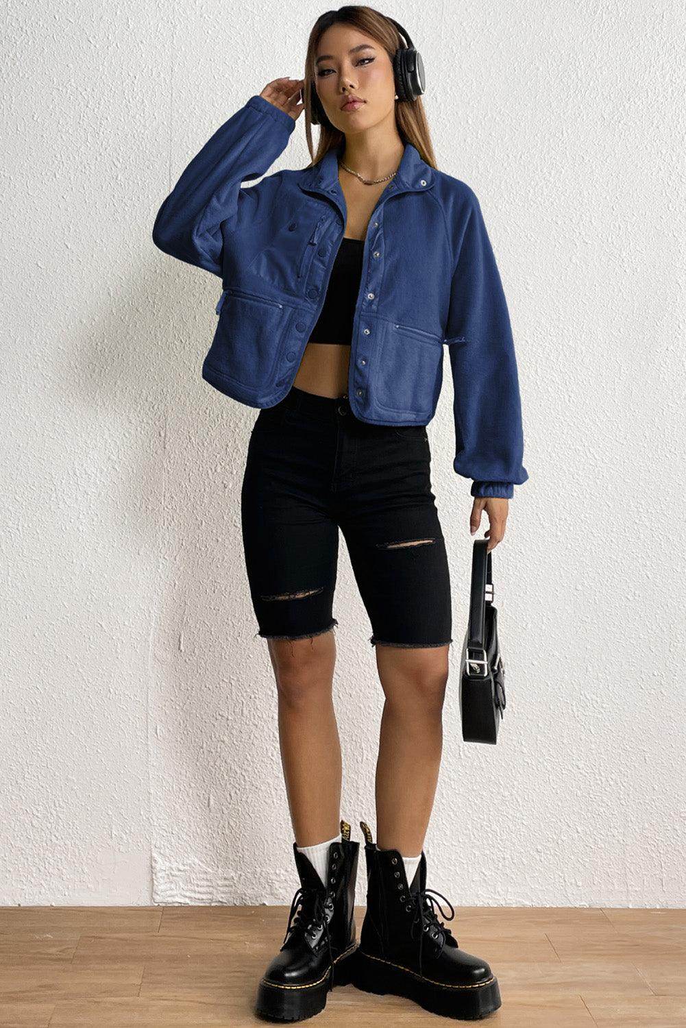 Snap Down Collared Jacket for Women with Pockets