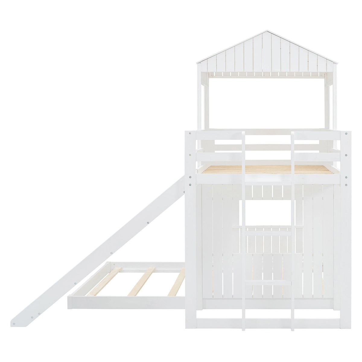Loft Bunk Bed With Playhouse, Slide, and Guardrails - Twin Over Full