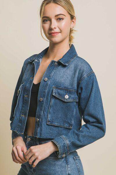 Love Tree Raw Hem Button Up Cropped Denim Jacket for Women