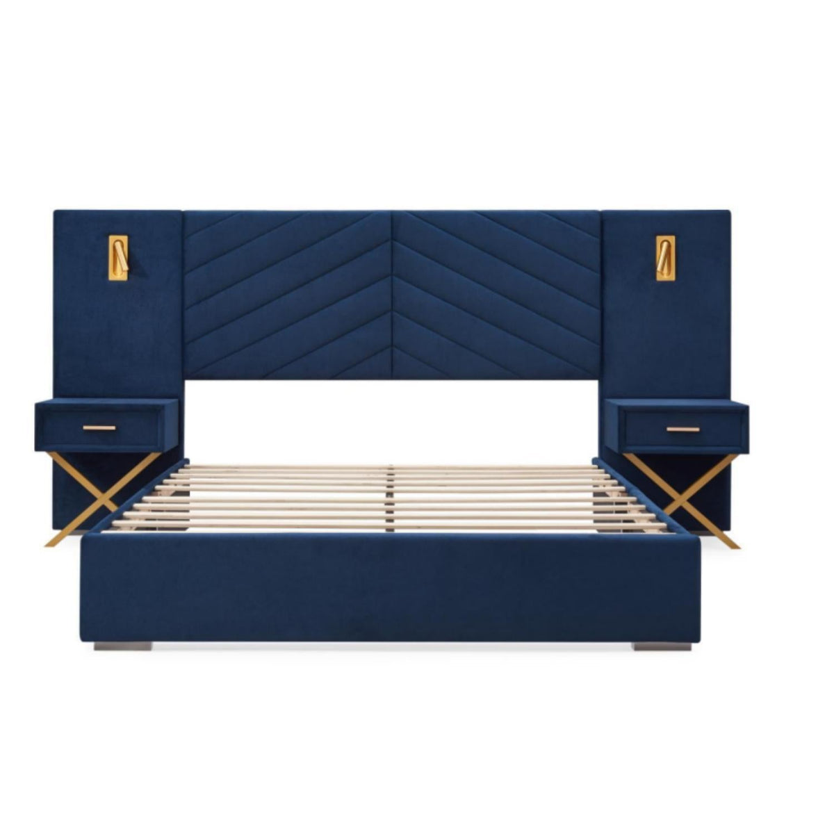 Upholstered Bed with Vertical Channel Tufted Wingback Headboard - Blue or Red