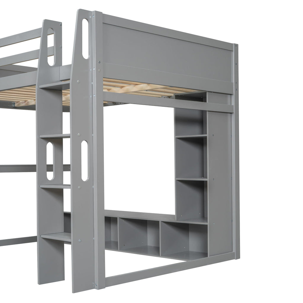 Gaming Loft Bed with Desk and Storage Shelves – LED Lighting – Black or Dark Gray