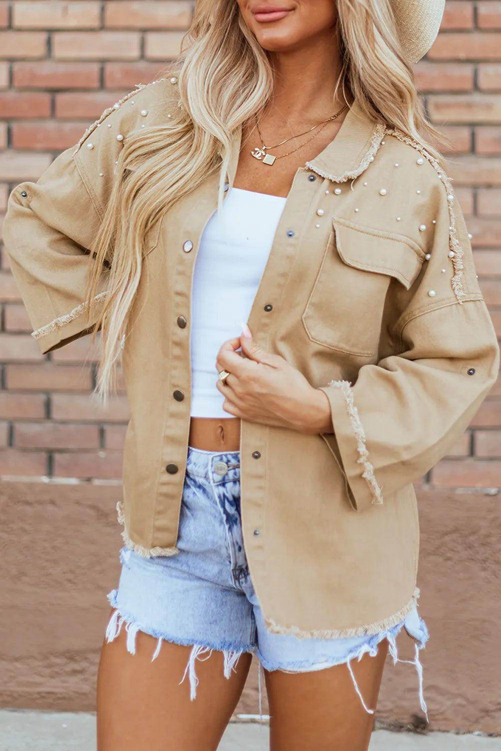 Raw Hem Pearl Trim Dropped Shoulder Denim Jacket for Women