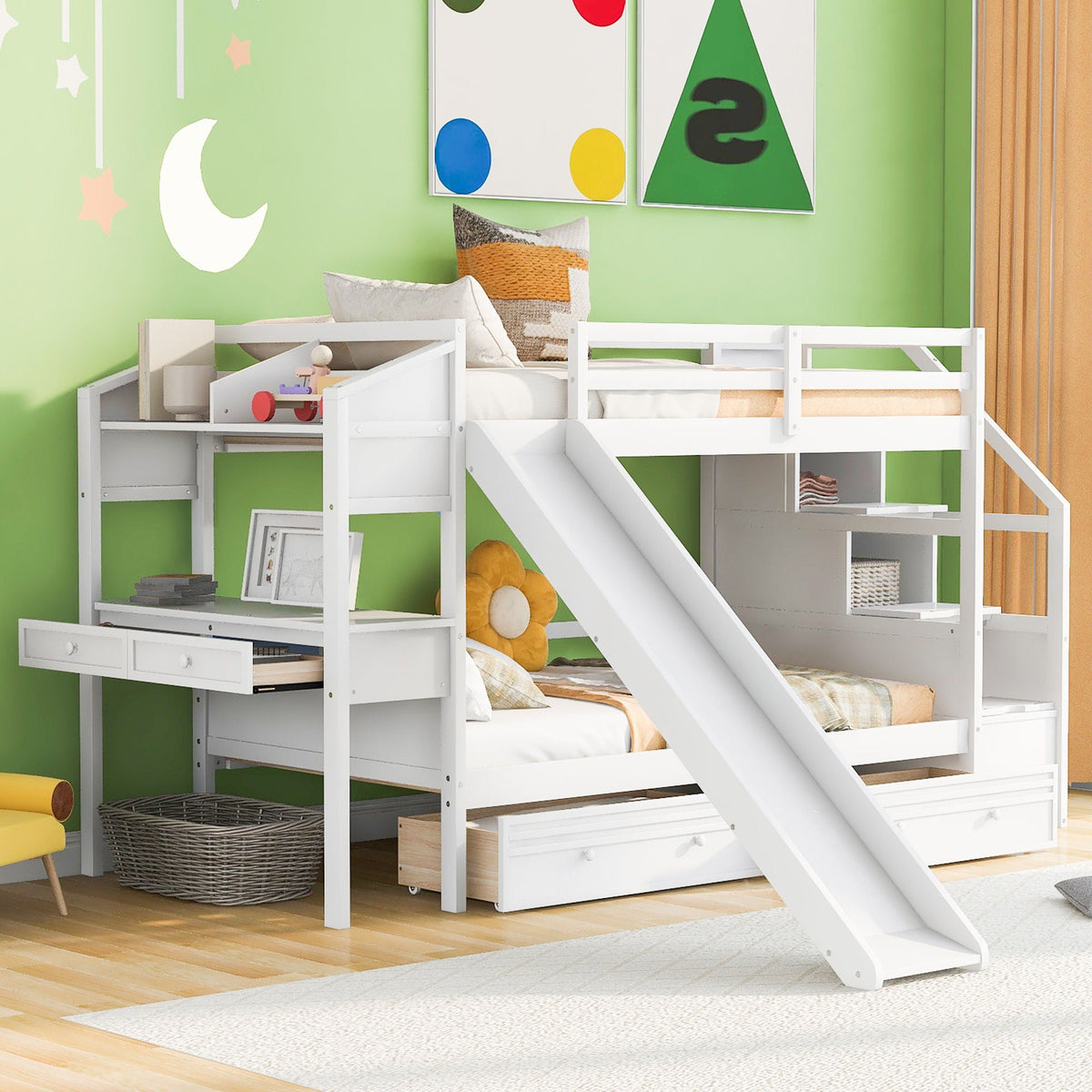 Bunk Bed with Storage Staircase, Slide & Desk - Twin or Full - Dark Gray or White