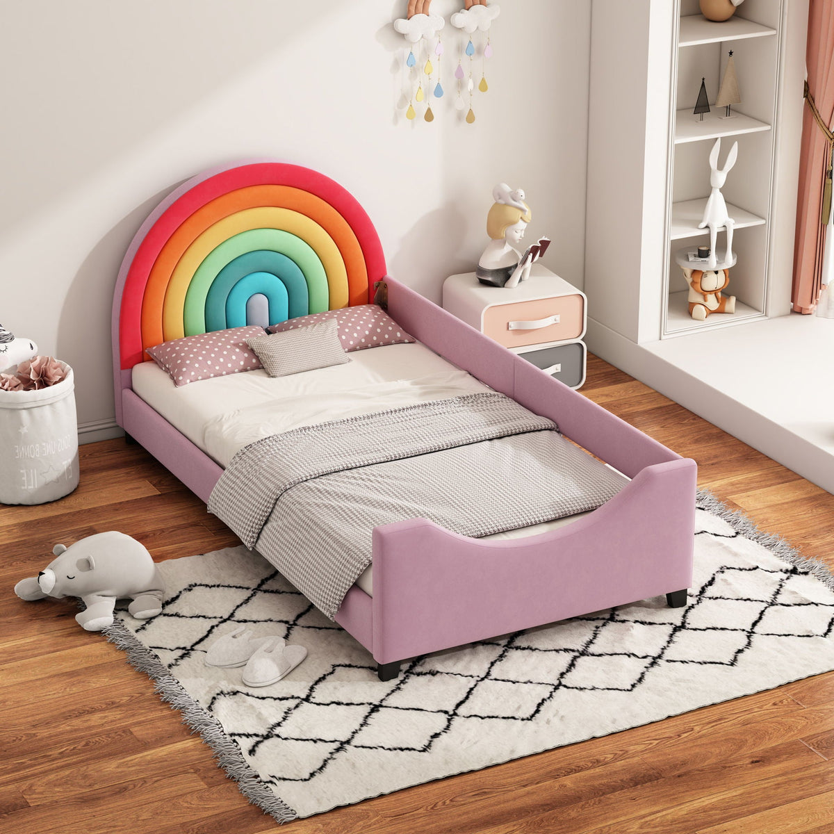 Rainbow Upholstered Twin Daybed with Safety Fence - Colorful / Pink