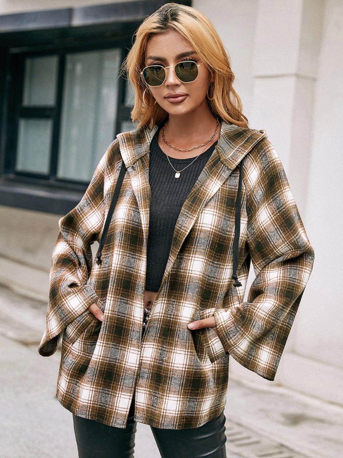 Ivy Lane Pocketed Plaid Long Sleeve Hooded Jacket for Women