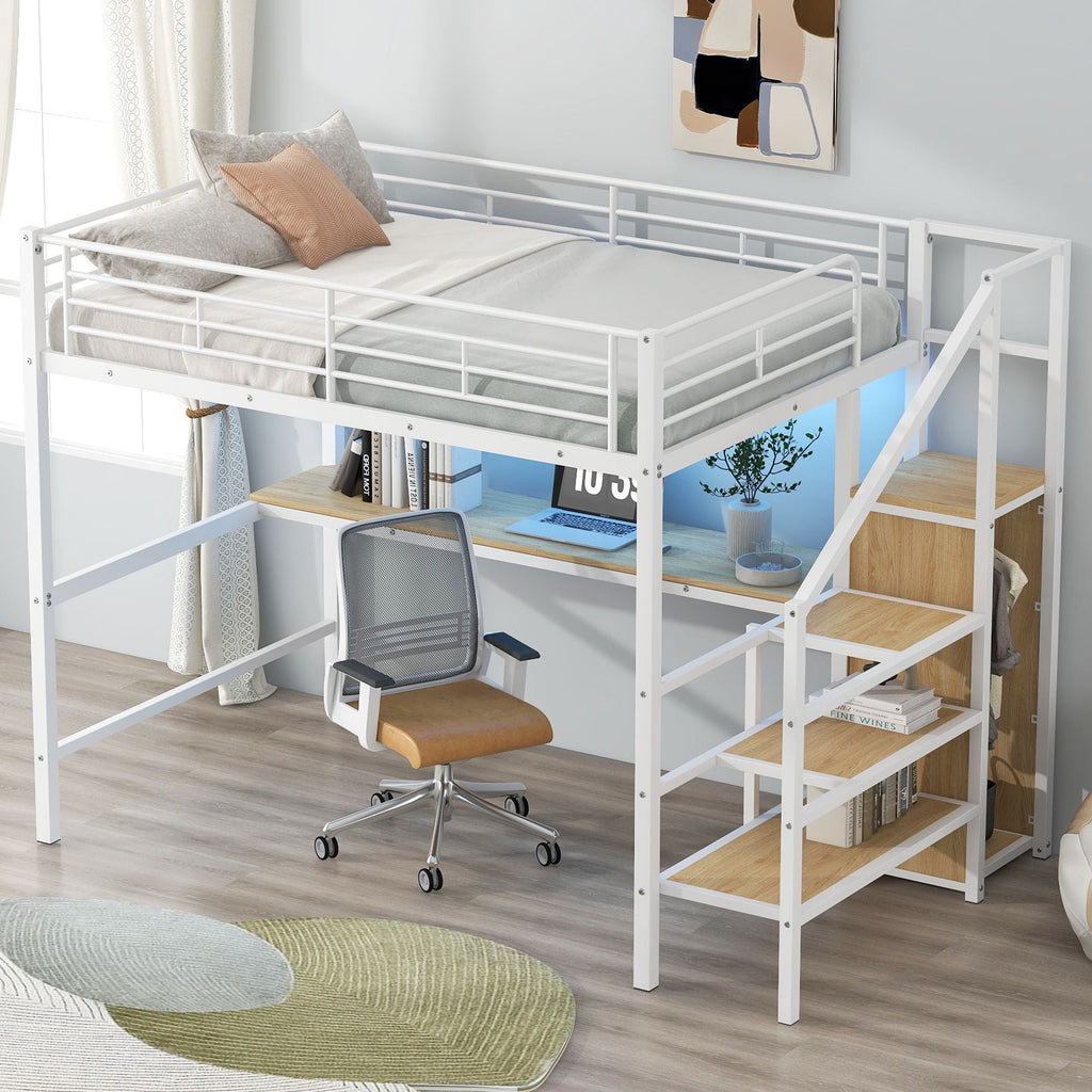 Full Size Loft Bed with Desk, Storage Staircase & Wardrobe - Black or White