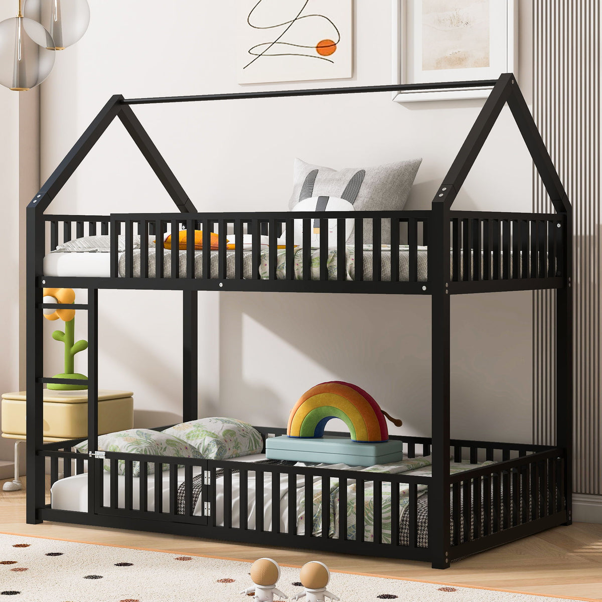 Metal House Bunk Bed with Fence and Door - Twin over Twin