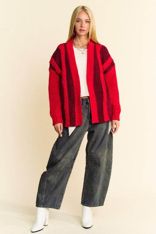 Davi & Dani Cable-Knit Color Block Open Front Cardigan Cozy
