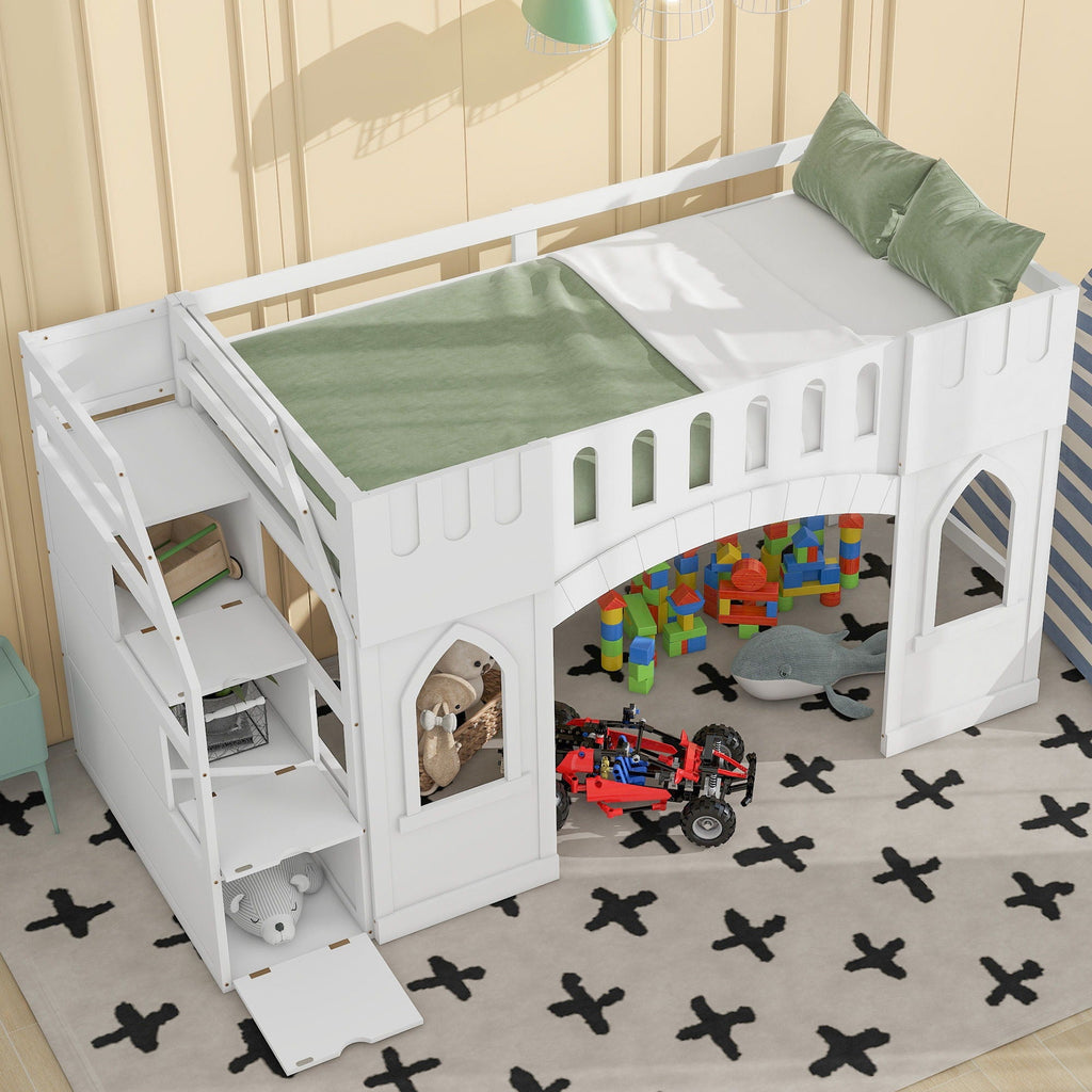 Loft Bed With Storage Staircase and Windows - Twin Size