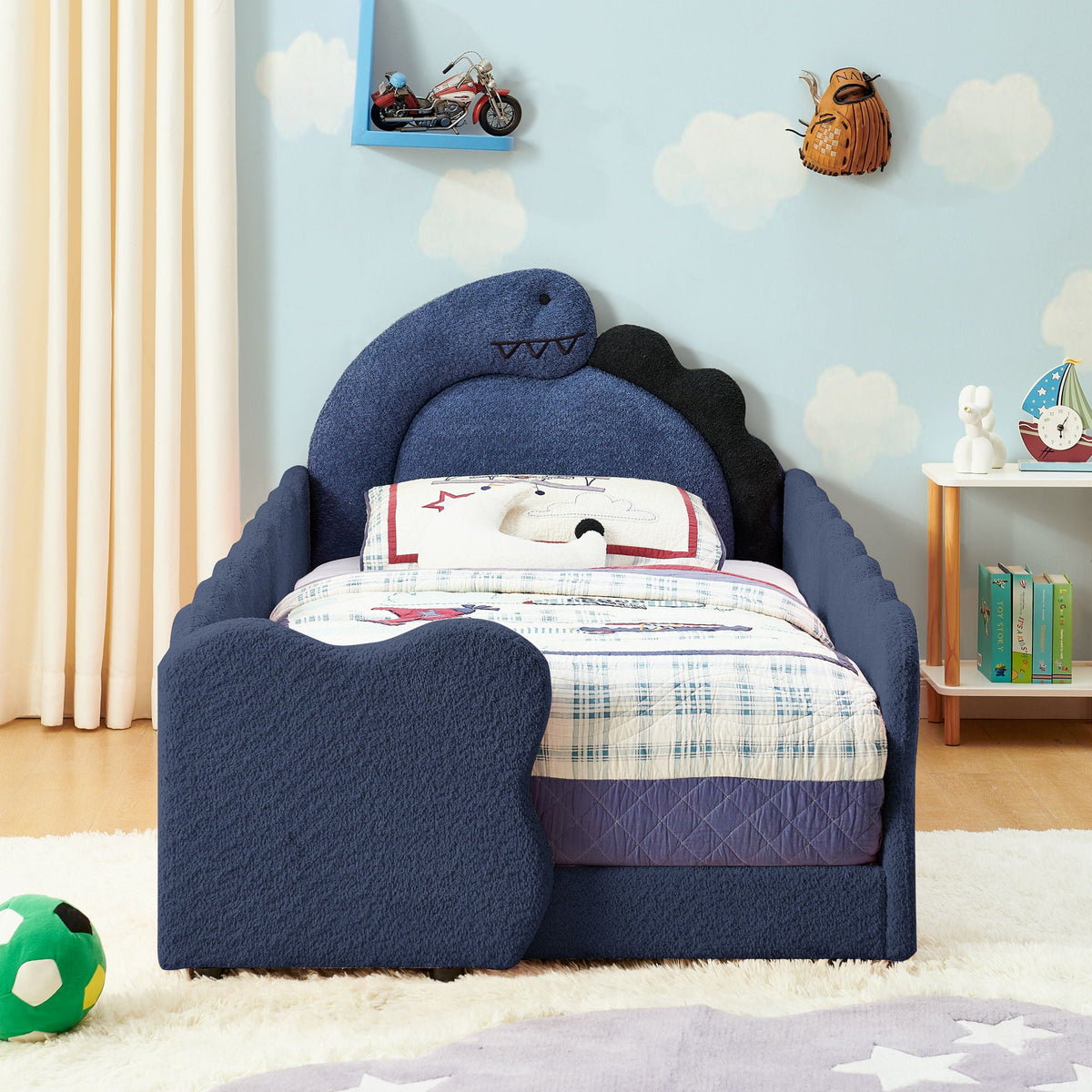 Dinosaur Shaped Toddler Bed with Safety Guardrail - Twin Upholstered Bed