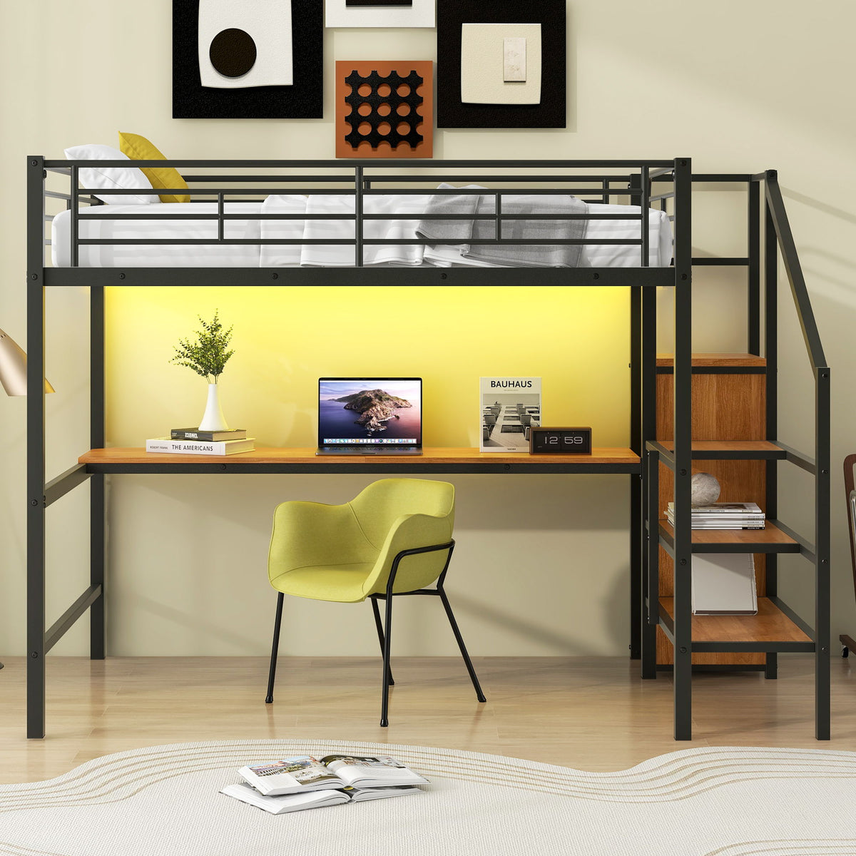 Full Size Loft Bed with Desk, Storage Staircase & Wardrobe - Black or White