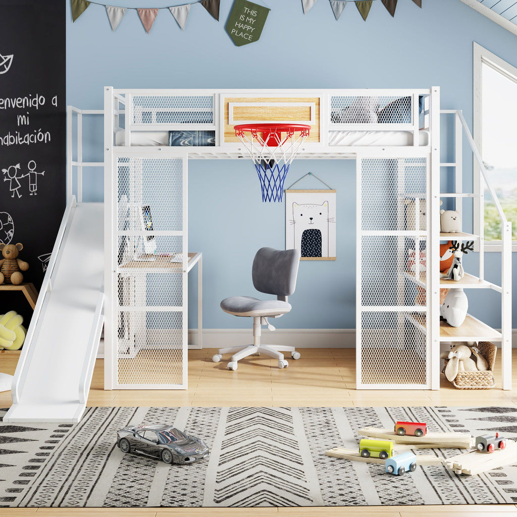 Full Loft Bed with Built-In Desk, Slide & Storage - Black or White