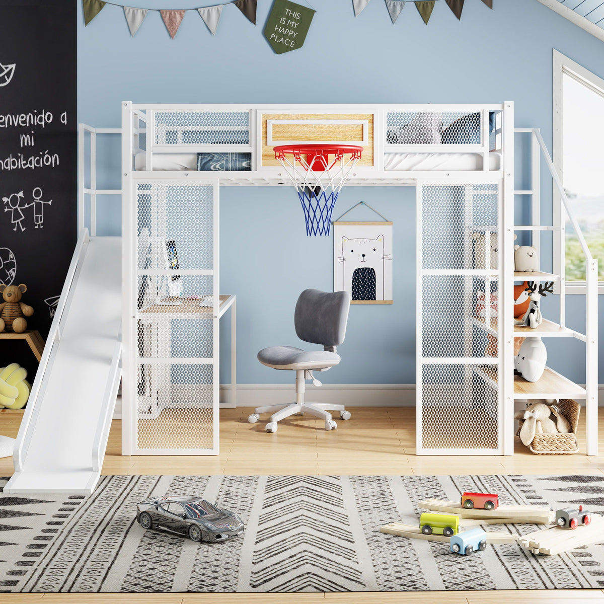 Full Loft Bed with Built-In Desk, Slide & Storage - Black or White
