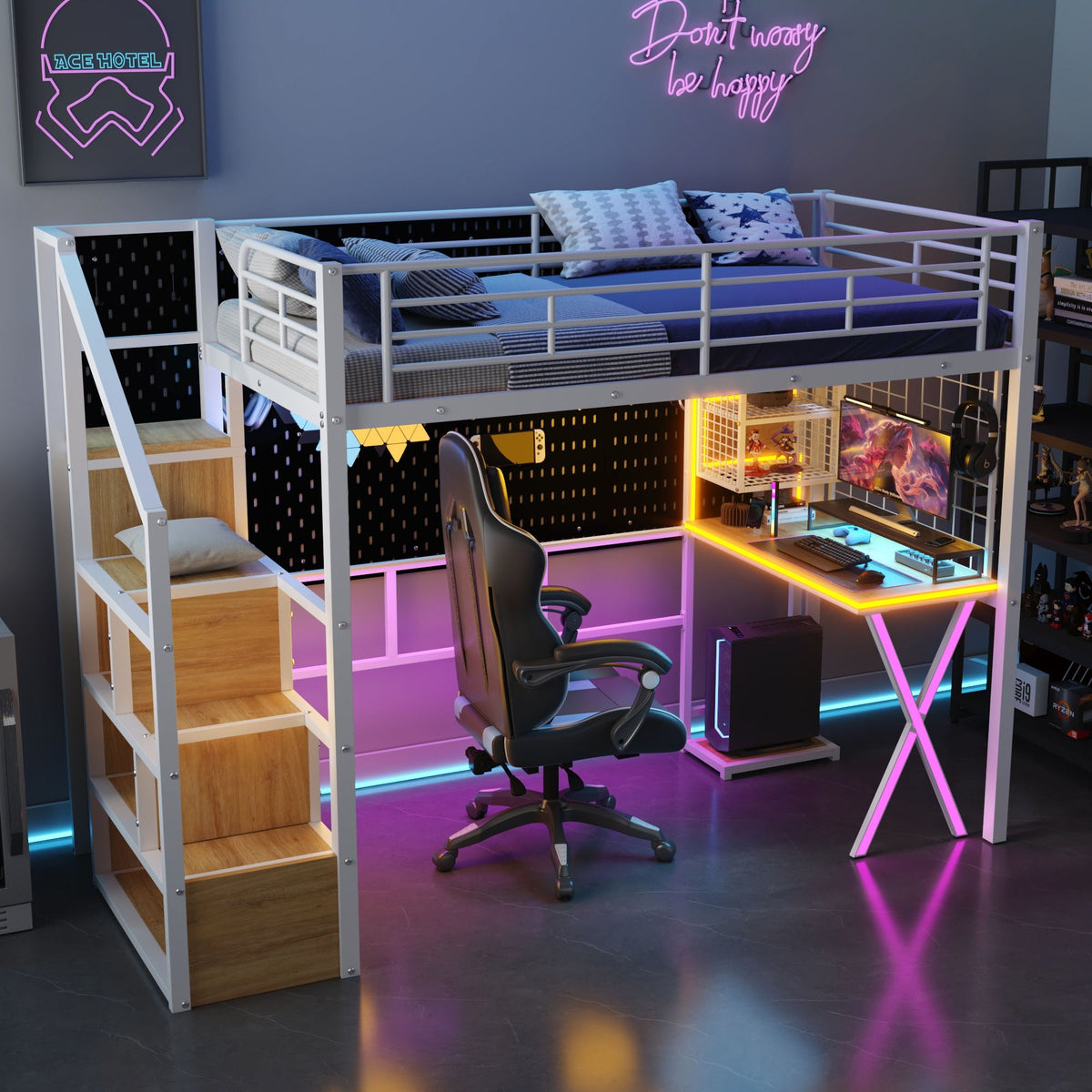 Loft Bed with Built-In Work Station, Wardrobe & Storage Staircase – White or Black