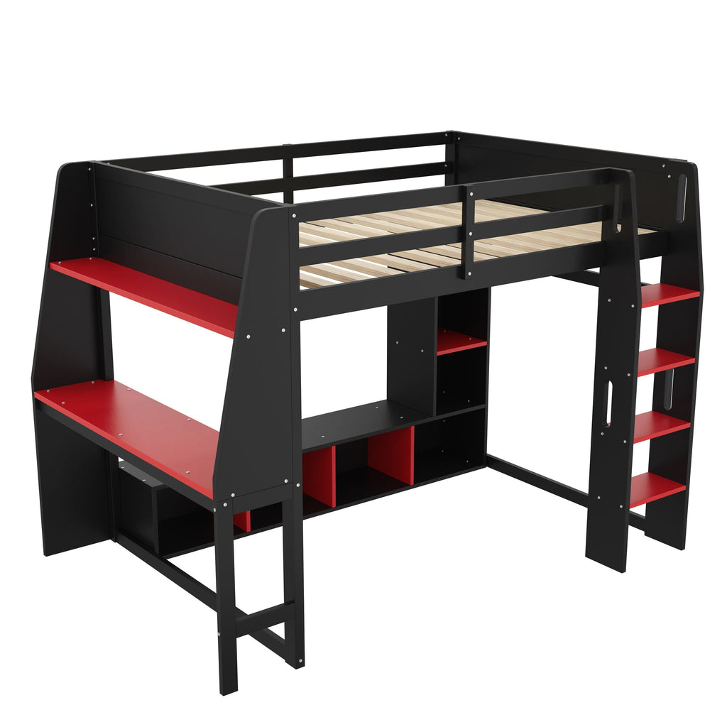 Gaming Loft Bed with Desk and Storage Shelves – LED Lighting – Black or Dark Gray