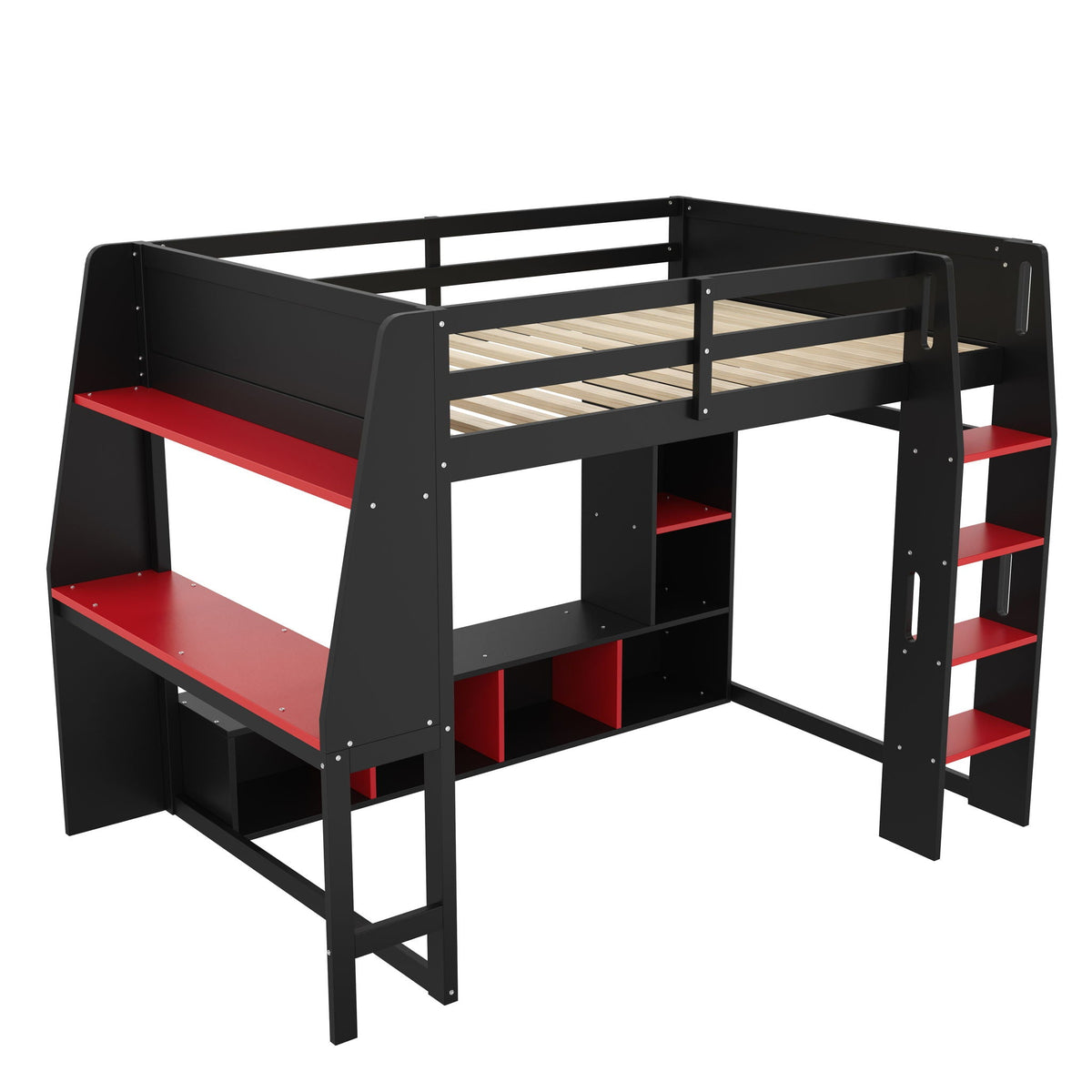 Gaming Loft Bed with Desk and Storage Shelves – LED Lighting – Black or Dark Gray
