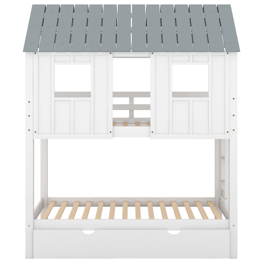 Twin Size House Bunk Bed with Trundle and Roof and Windows - White / Gray