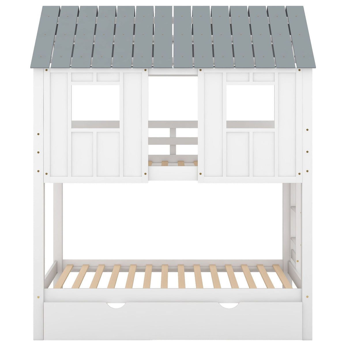 Twin Size House Bunk Bed with Trundle and Roof and Windows - White / Gray