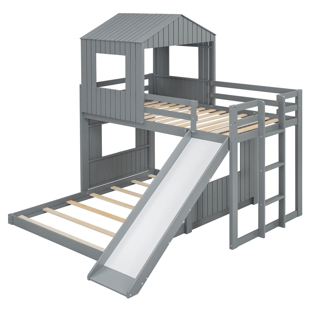 Loft Bunk Bed With Playhouse, Slide, and Guardrails - Twin Over Full
