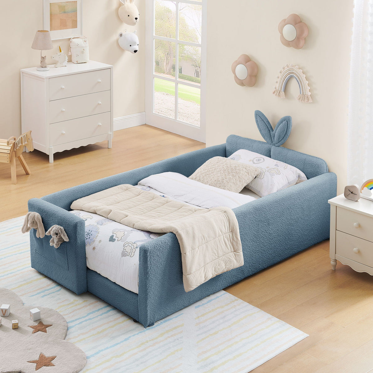 Cute Rabbit Ear Upholstered Platform Bed Frame with Safety Rail - Multiple Colors