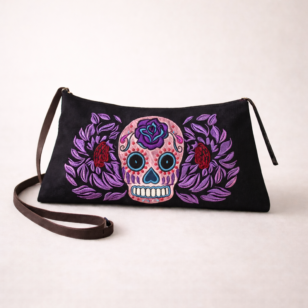 Culturas Sugar Skull Embroidered Crossbody Bag Boho Artisan Shoulder Bag Fair Trade - Thailand