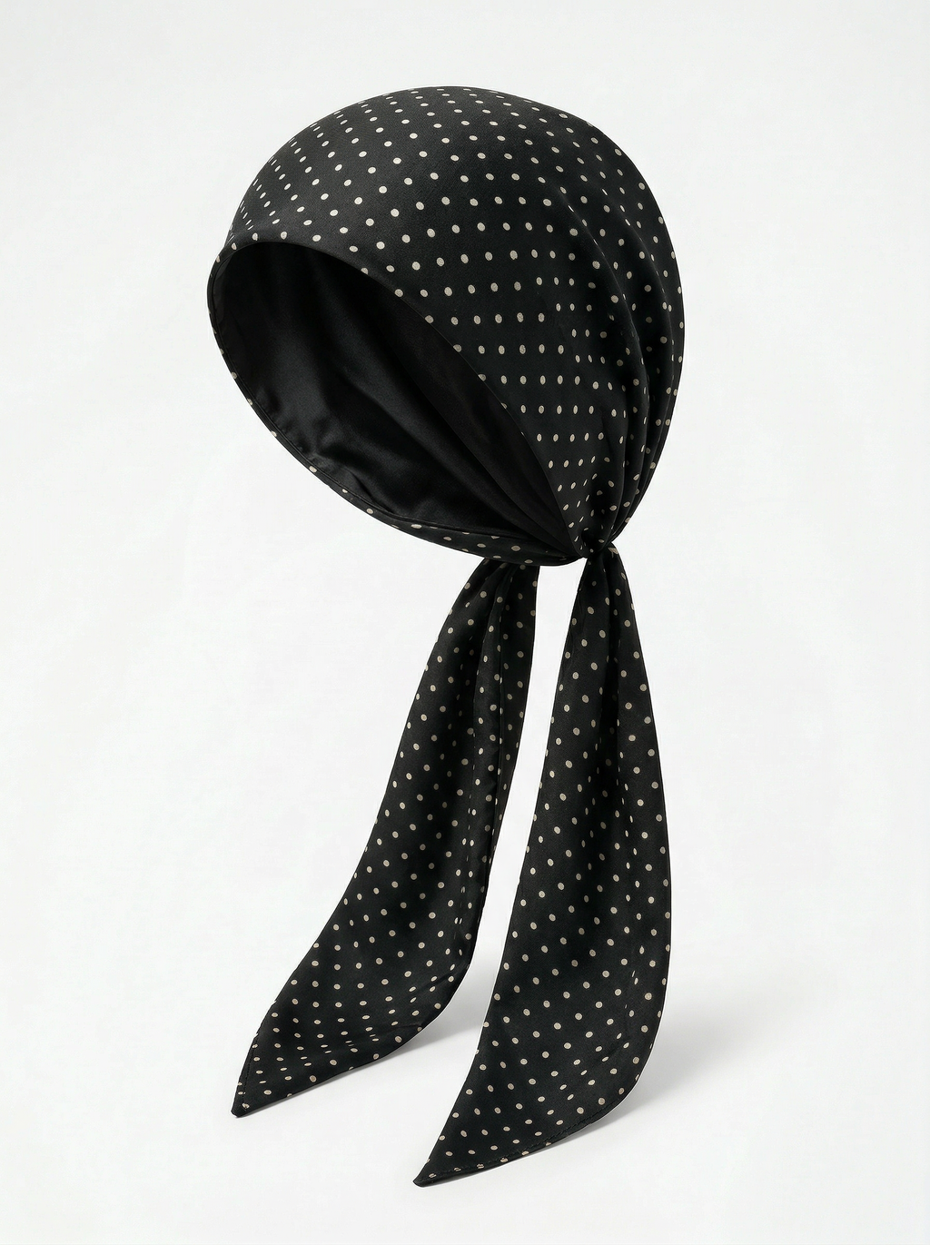 Silk Headscarf with Ties - Black Polka Dot