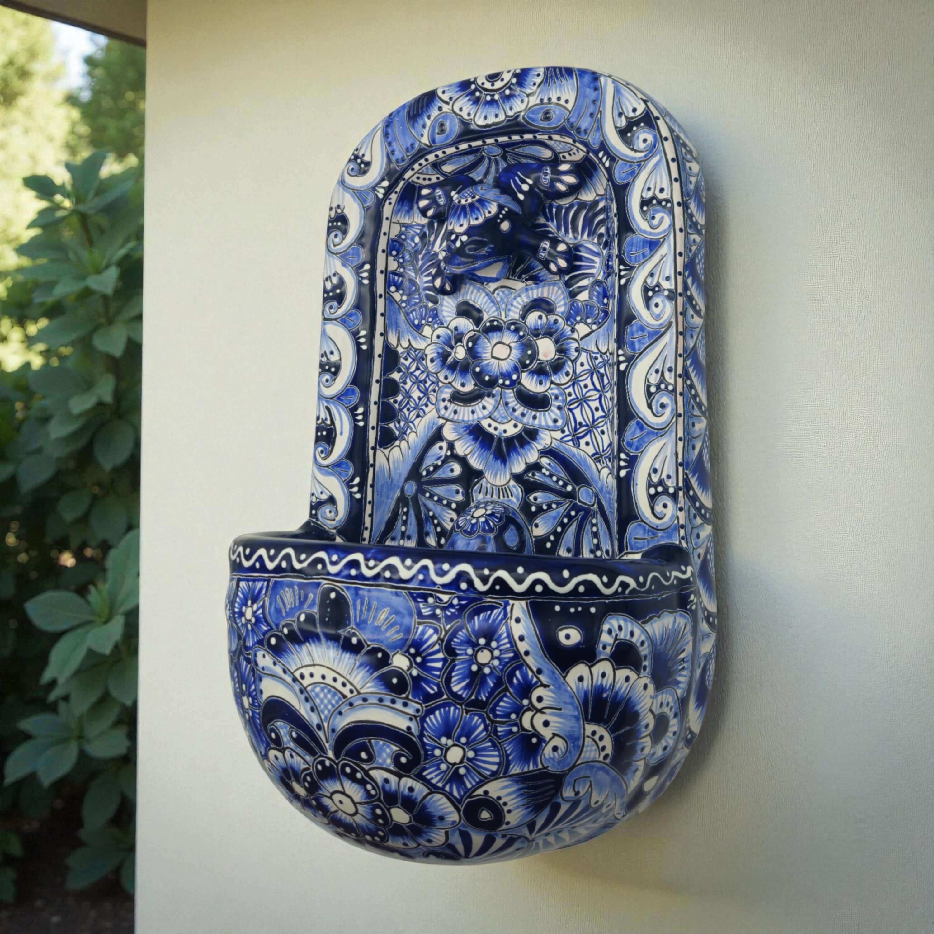 Blue & White Talavera Wall Fountain | Handmade Mexican Ceramic