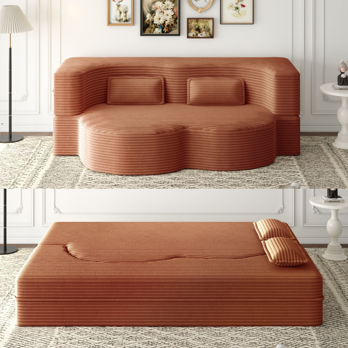 Convertible Foam-Filled Sleeper Sofa Bed with Two Pillows - Fabric