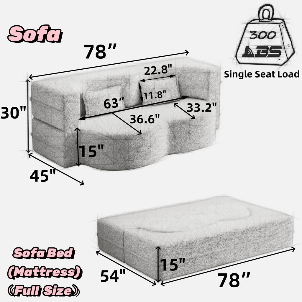 Convertible Foam-Filled Sleeper Sofa Bed with Two Pillows - Fabric