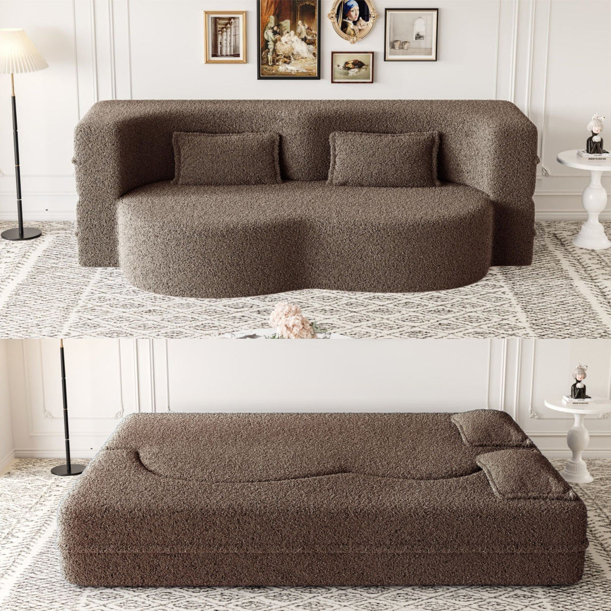 Modern Floor Futon Sofa Bed with Teddy Fabric and Two Pillows - Multiple Colors