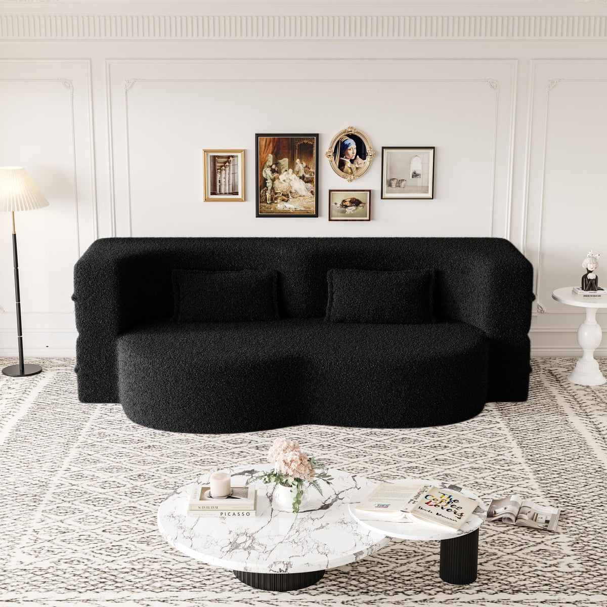Modern Floor Futon Sofa Bed with Teddy Fabric and Two Pillows - Multiple Colors