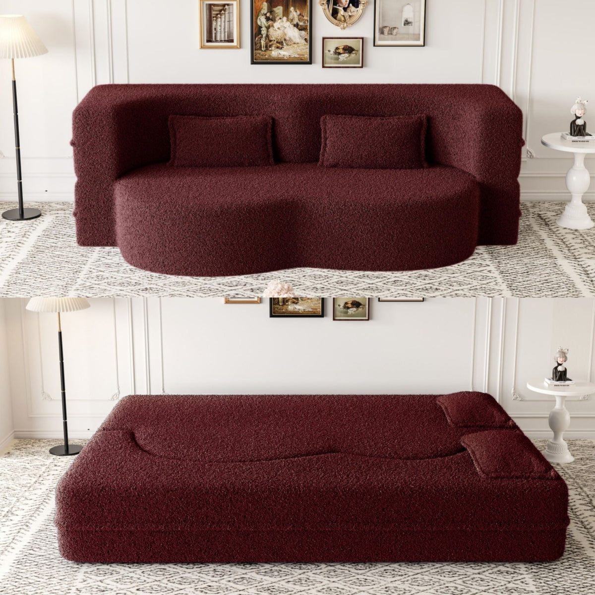 Modern Floor Futon Sofa Bed with Teddy Fabric and Two Pillows - Multiple Colors