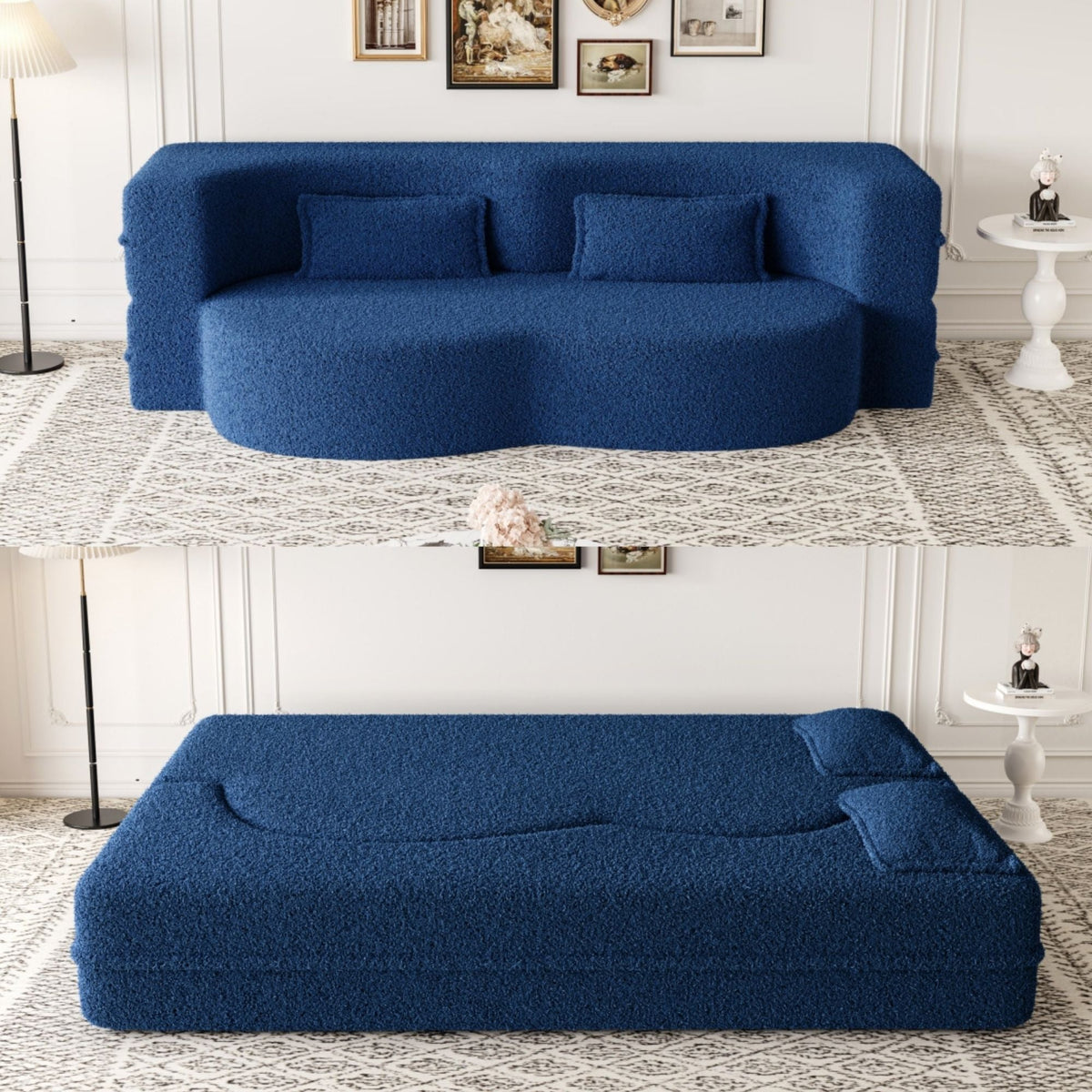 Modern Floor Futon Sofa Bed with Teddy Fabric and Two Pillows - Multiple Colors