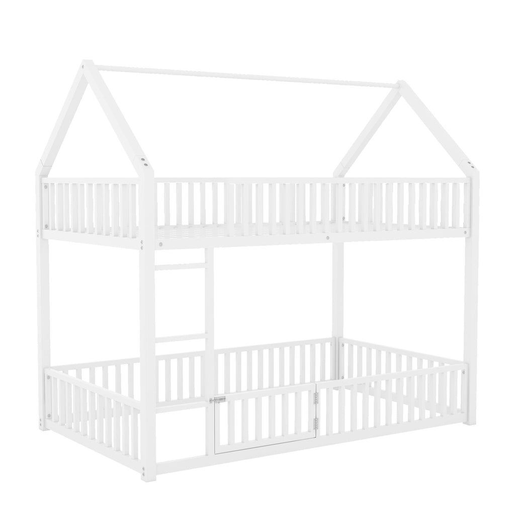 Metal House Bunk Bed with Fence and Door - Twin over Twin