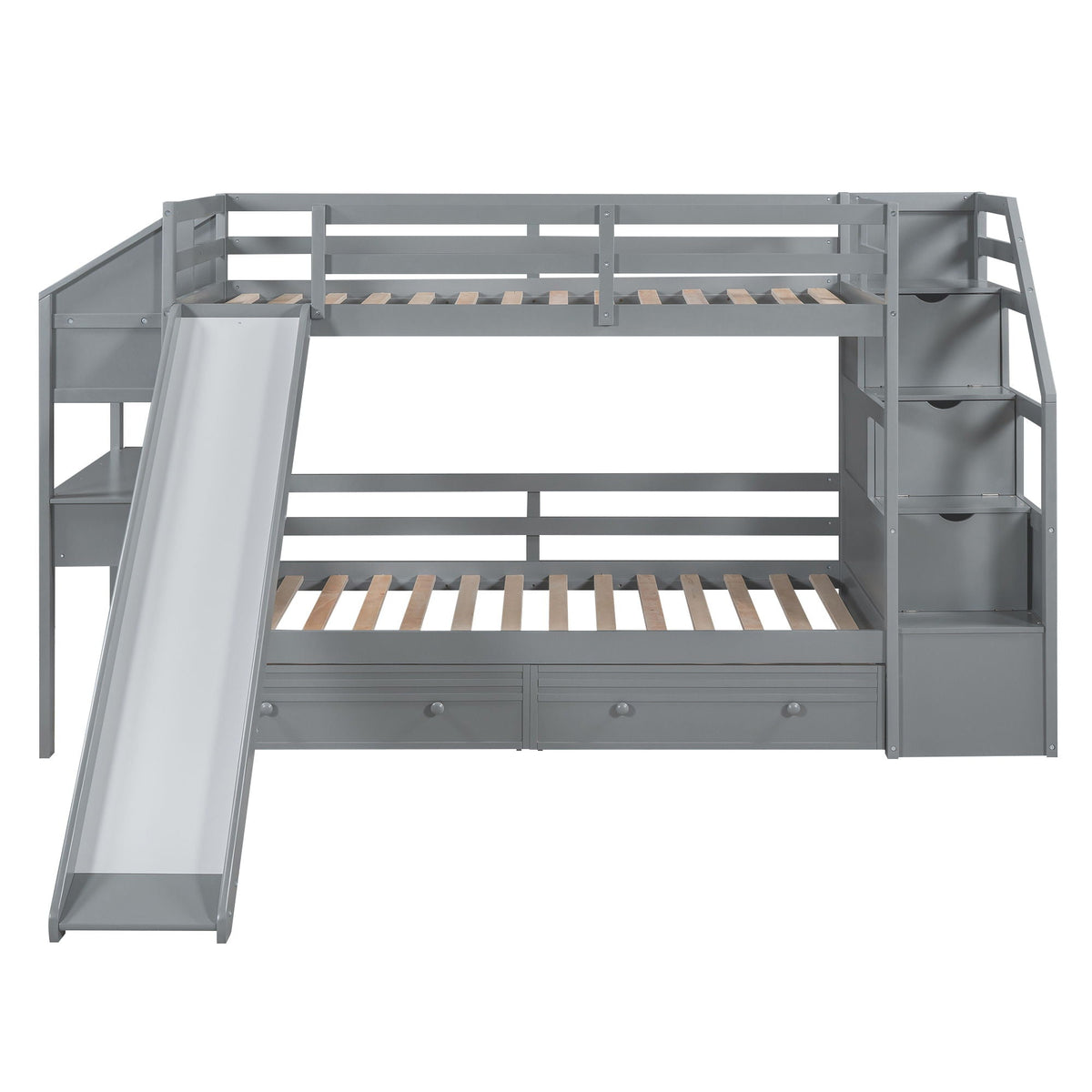 Bunk Bed with Storage Staircase, Slide & Desk - Twin or Full - Dark Gray or White