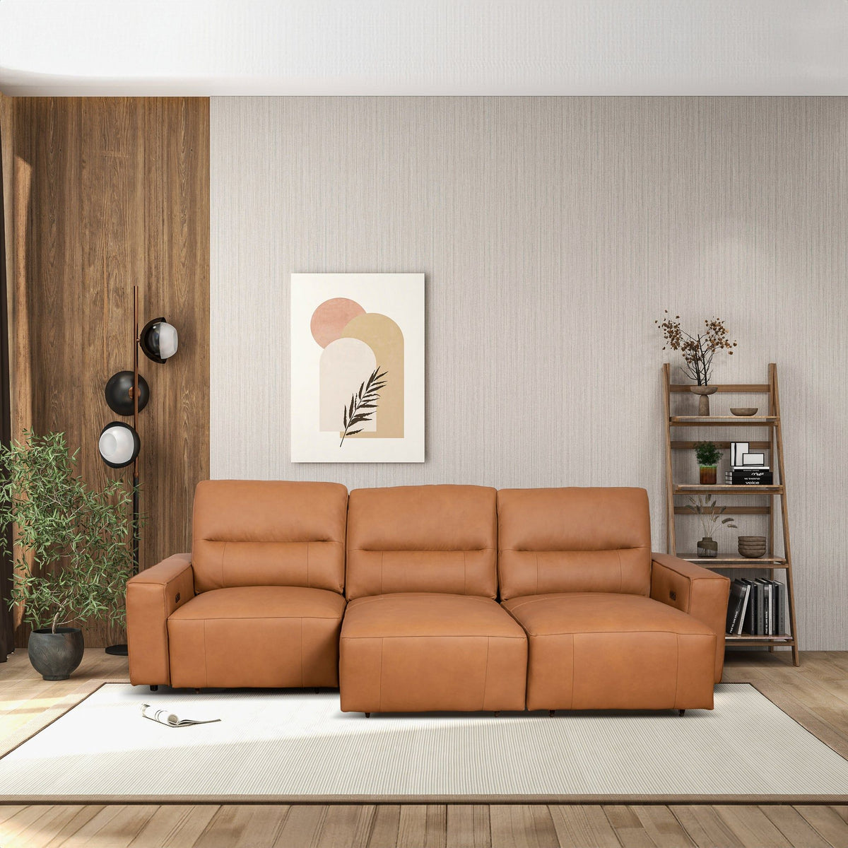 Triple Power Convertible Sofa Reclining Sectional with Queen Bed - Cognac