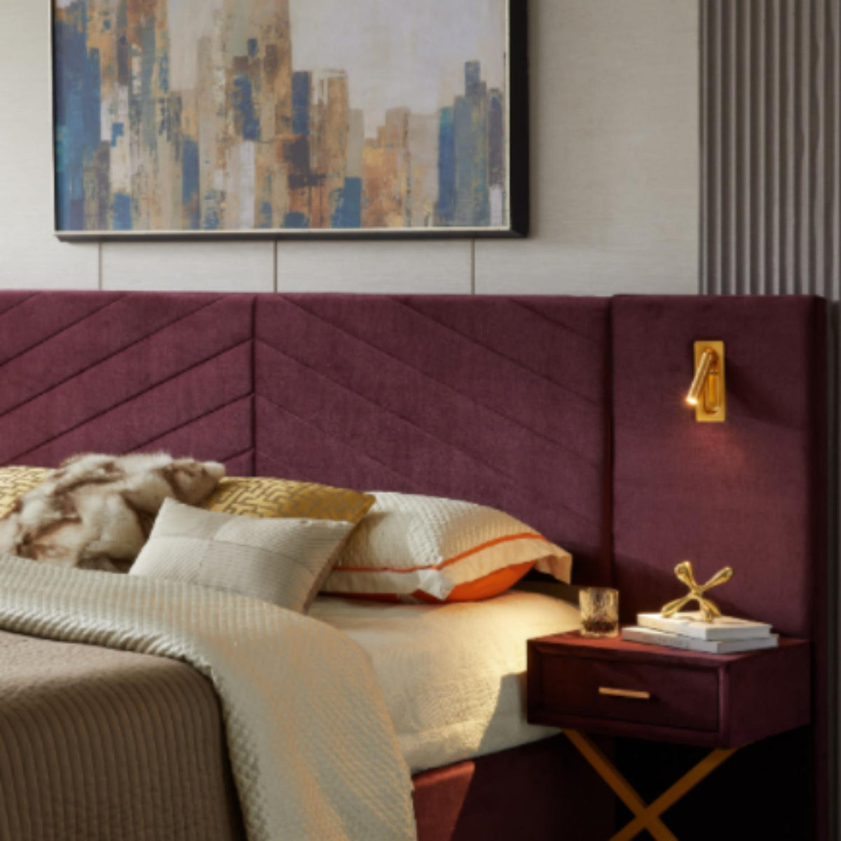 Upholstered Bed with Vertical Channel Tufted Wingback Headboard - Blue or Red