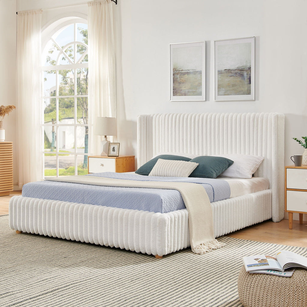 Functional Vertical Striped Bed with Gas Lift Storage - Beige