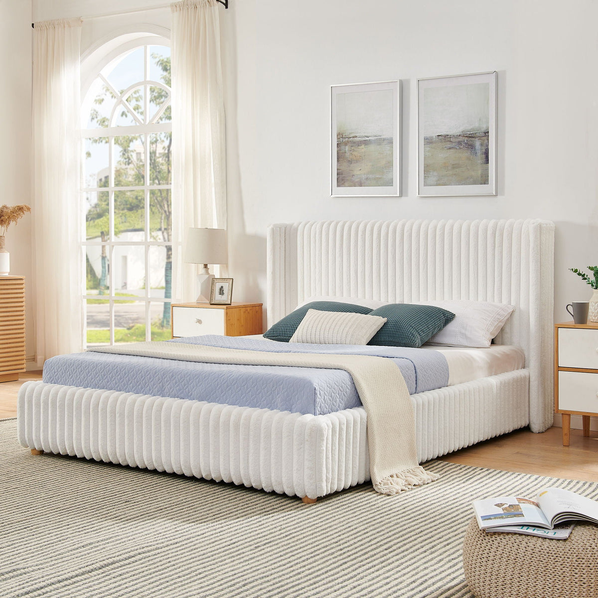 Functional Vertical Striped Bed with Gas Lift Storage - Beige