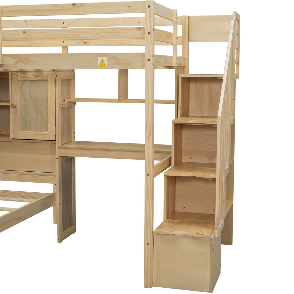 Twin Over Twin Loft Bed with Built-In Desk and Staircase - White or Light Brown