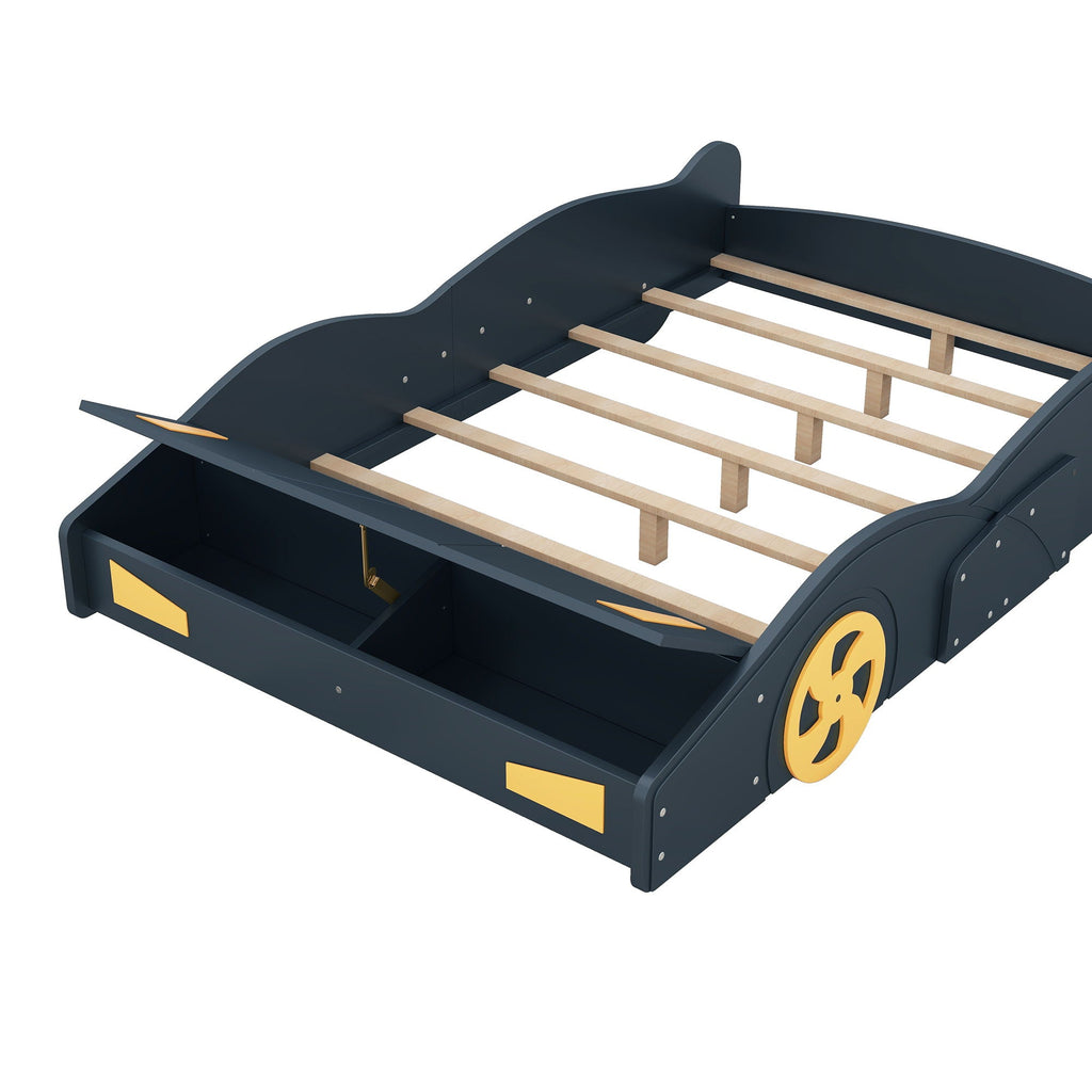 Race Car Platform Bed with Storage and Wheels - Black or Blue