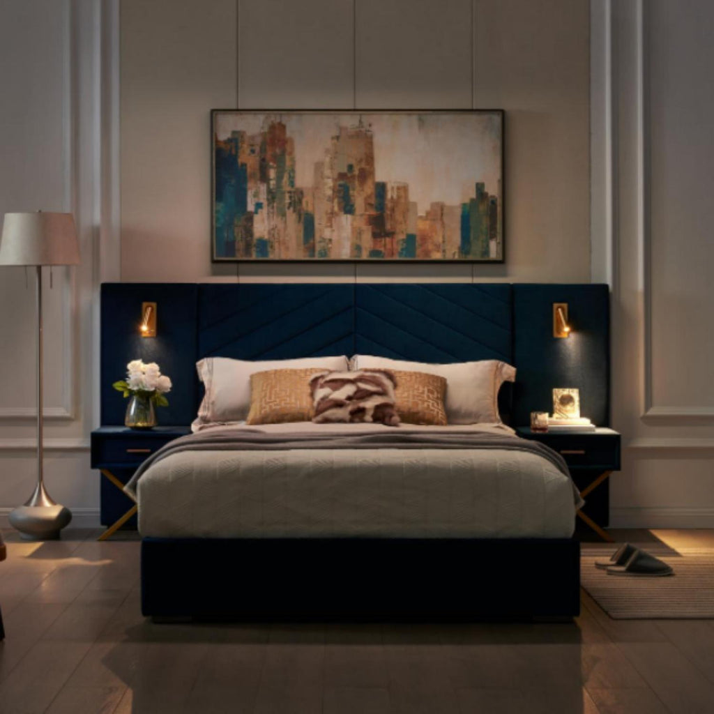 Upholstered Bed with Vertical Channel Tufted Wingback Headboard - Blue or Red